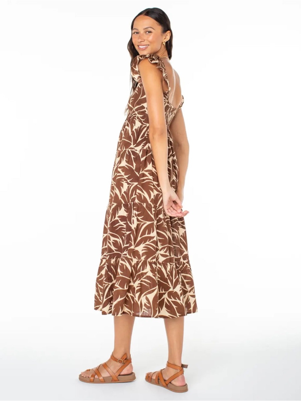 Roxy Brown Tropical Print Midi Dress with Cream Leaf Motif - Picture 5 of 6